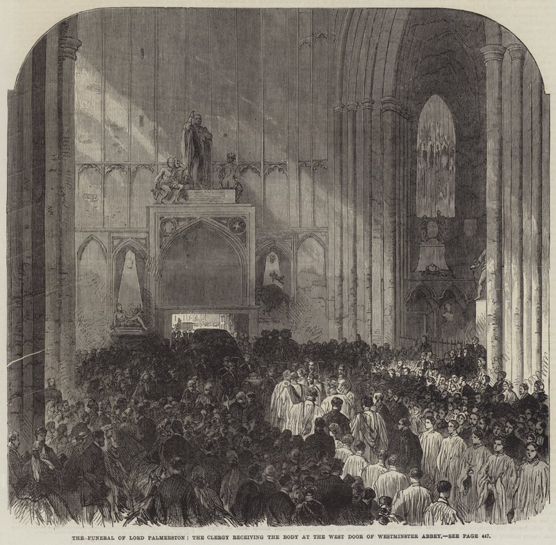 Die Beerdigung von Lord Palmerston, der Klerus empfängt den Leichnam an der Westtür der Westminster Abbey (Gravur) von English School