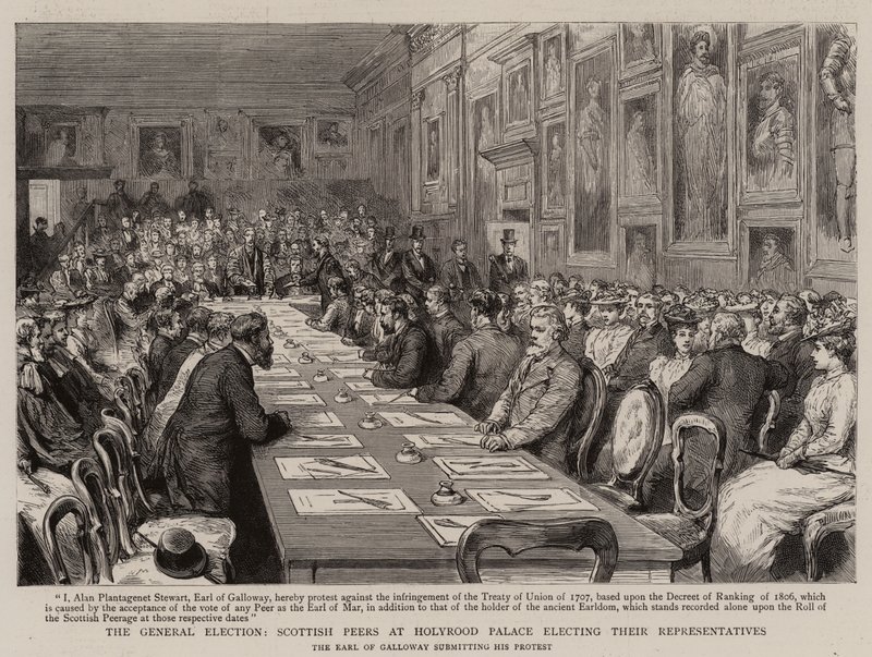 Die Generalwahl, schottische Peers im Holyrood Palace wählen ihre Vertreter von English School