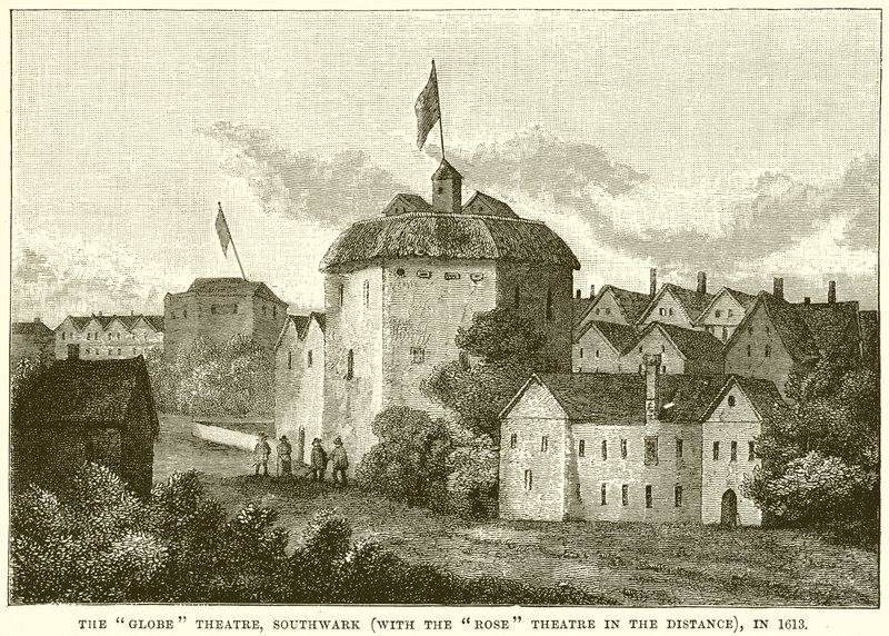 Das Globe Theatre, Southwark (mit dem Rose Theatre in der Ferne), im Jahr 1613 von English School