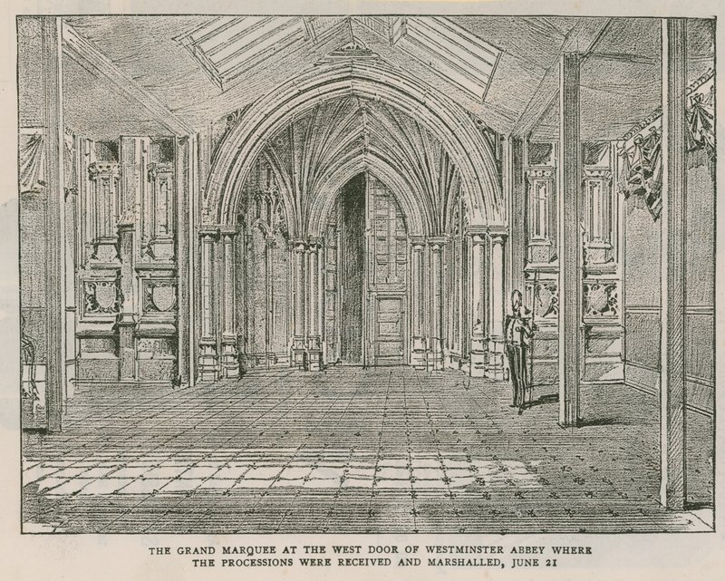 Das große Festzelt an der Westtür der Westminster Abbey von English School