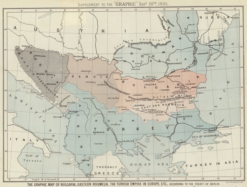 Die Graphic-Karte von Bulgarien, Ost-Rumelien, dem türkischen Reich in Europa von English School