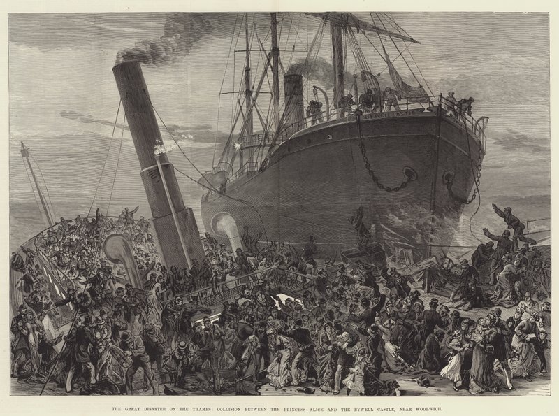 Die große Katastrophe auf der Themse, Kollision zwischen der Prinzessin Alice und der Bywell Castle, nahe Woolwich (Gravur) von English School
