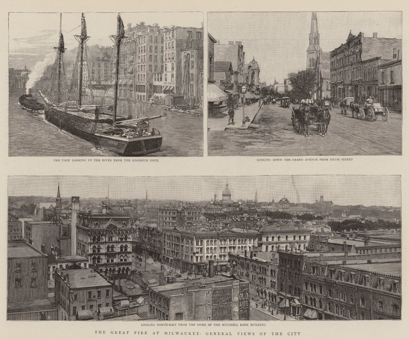 Das große Feuer in Milwaukee, Gesamtansichten der Stadt (Gravur) von English School