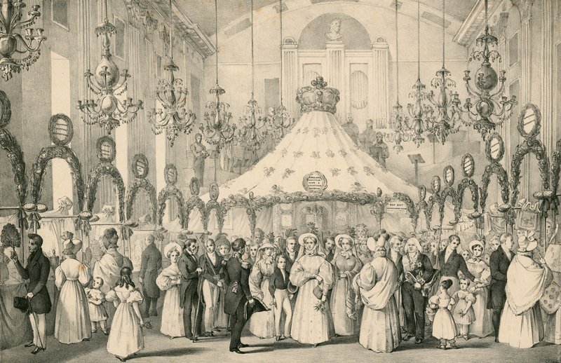 Die Hanover Square Rooms, als Königin Victoria die private Ansicht des Wohltätigkeitsbasars für Ausländer in Not am 19. Juni 1833 besuchte von English School