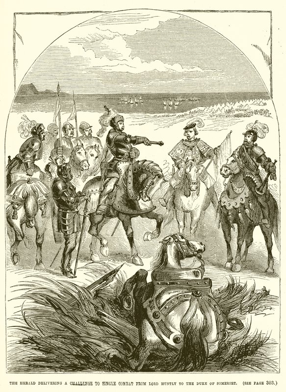 Der Herold überbringt eine Herausforderung zum Einzelkampf von Lord Huntly an den Herzog von Somerset von English School