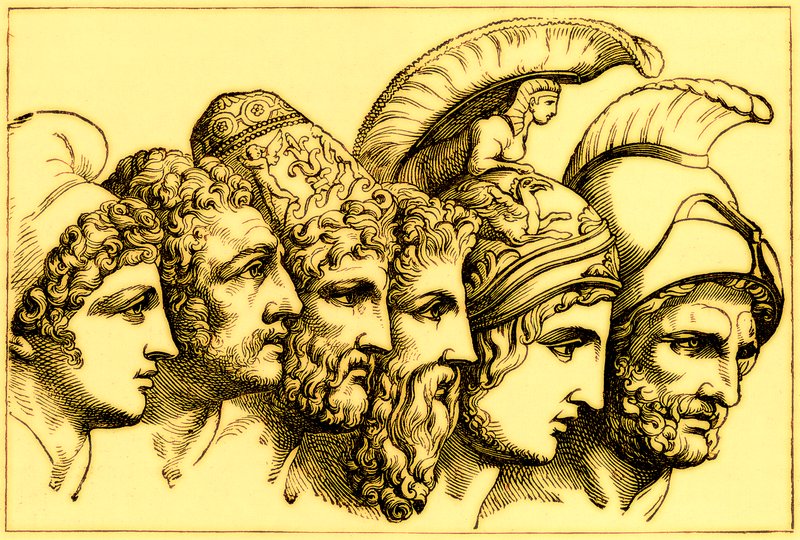 Die Helden des Trojanischen Krieges: Paris, Diomedes, Odysseus, Nestor, Achilles, Agamemnon, Illustration aus Die illustrierte Geschichte der Welt, veröffentlicht um 1880 von English School