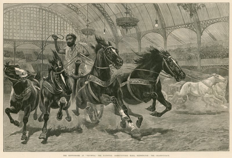 Das Hippodrom in Olympia, die National Agricultural Hall, Kensington, London: Das Wagenrennen von English School