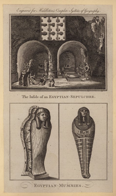 Das Innere eines ägyptischen Grabes, ägyptische Mumien (Stich) von English School