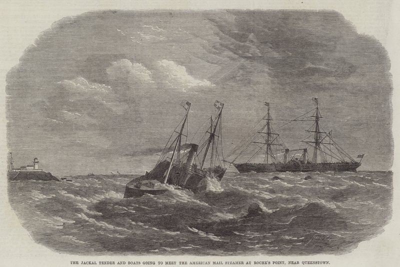 Der Schakal Tender und Boote, die den amerikanischen Postdampfer bei Roche