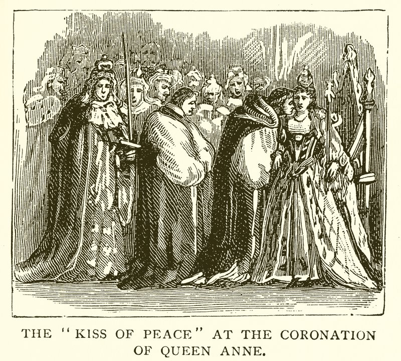 Der Friedenskuss bei der Krönung von Königin Anne von English School