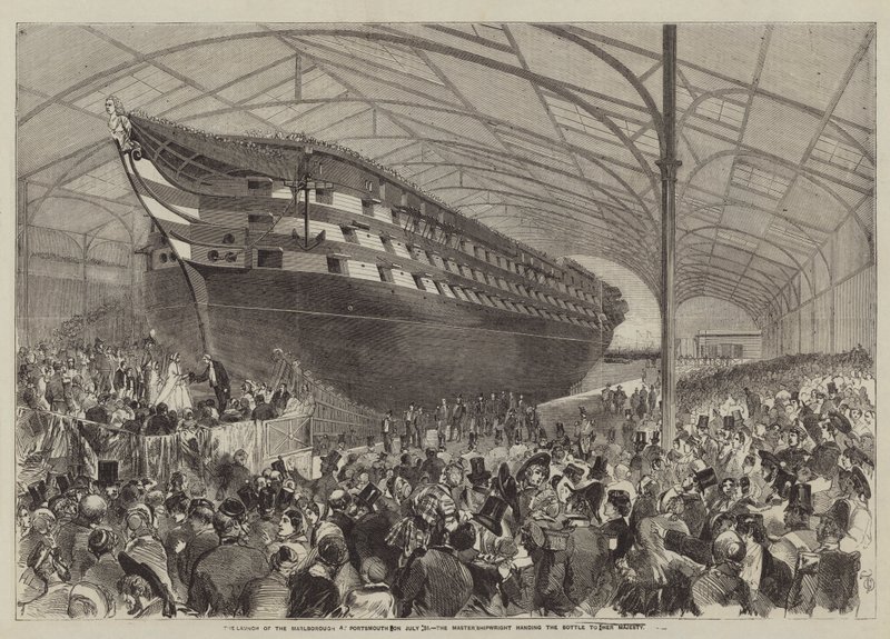 Der Stapellauf der Marlborough in Portsmouth am 31. Juli, der Meisterschiffbauer überreicht Ihrer Majestät die Flasche von English School