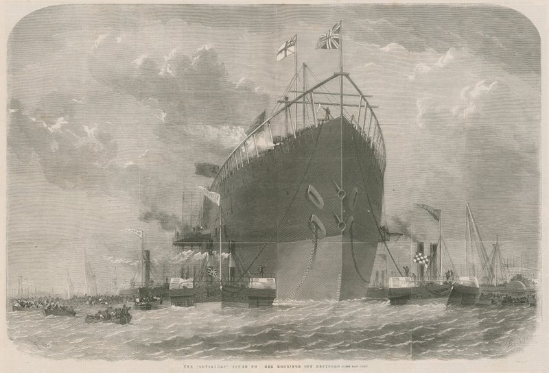 Der Leviathan wird zu seinen Liegeplätzen vor Deptford geschleppt von English School