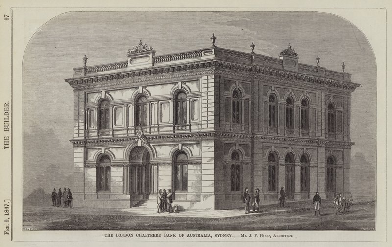 Die London Chartered Bank of Australia, Sydney, Mr. J. F. Hilly, Architekt (Gravur) von English School