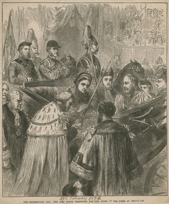 Der Lord Mayor überreicht der Königin das Stadtschwert am Temple Bar von English School