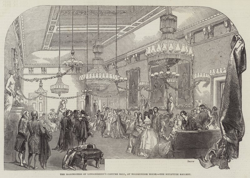 Kostümball der Marquise von Londonderry im Holdernesse House, die Skulpturengalerie (Stich) von English School