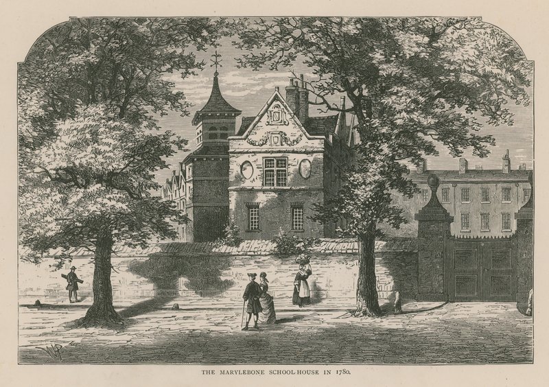 Das Marylebone Schulhaus im Jahr 1780 von English School