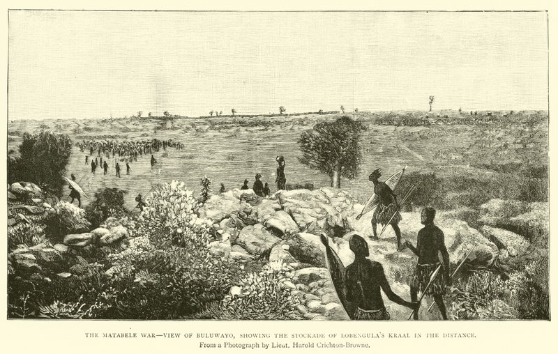 Der Matabele-Krieg, Blick auf Buluwayo, zeigt die Palisade von Lobengulas Kraal in der Ferne von English School
