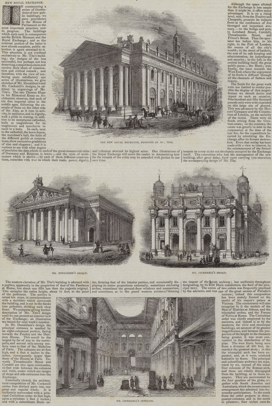 Die Neue Royal Exchange, London, mit alternativen Entwürfen (Gravur) von English School