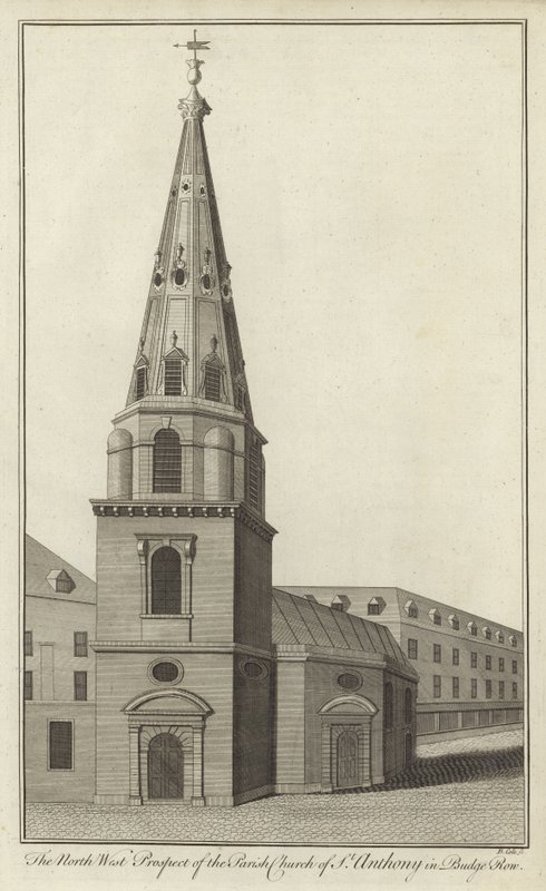 Die Nordwestansicht der Pfarrkirche St. Anthony in Budge Row, London von English School