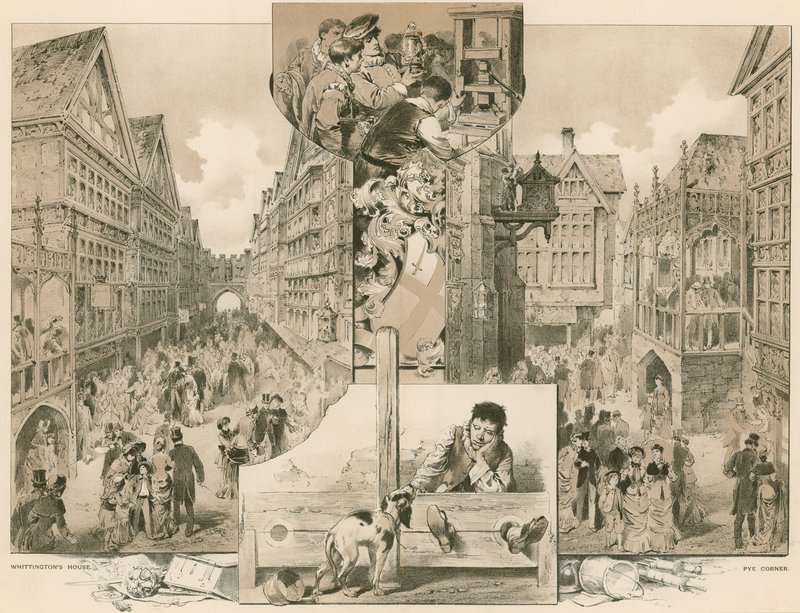 Die alte Londoner Straße auf der Gesundheitsausstellung; Whittingtons Haus, Pye Corner von English School