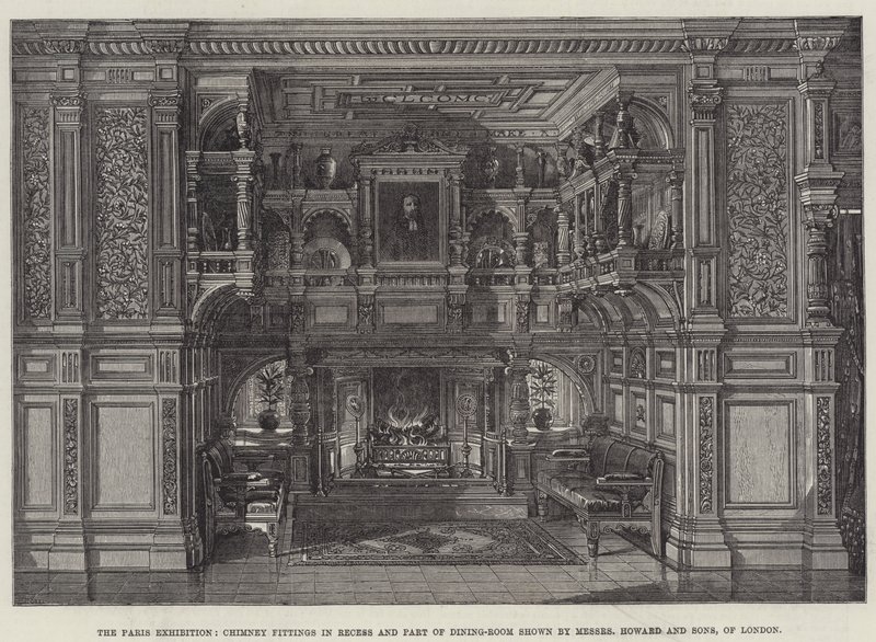 Die Pariser Ausstellung, Kaminverkleidungen in einer Nische und Teil des Speisezimmers gezeigt von Messers Howard und Sons, London (Gravur) von English School