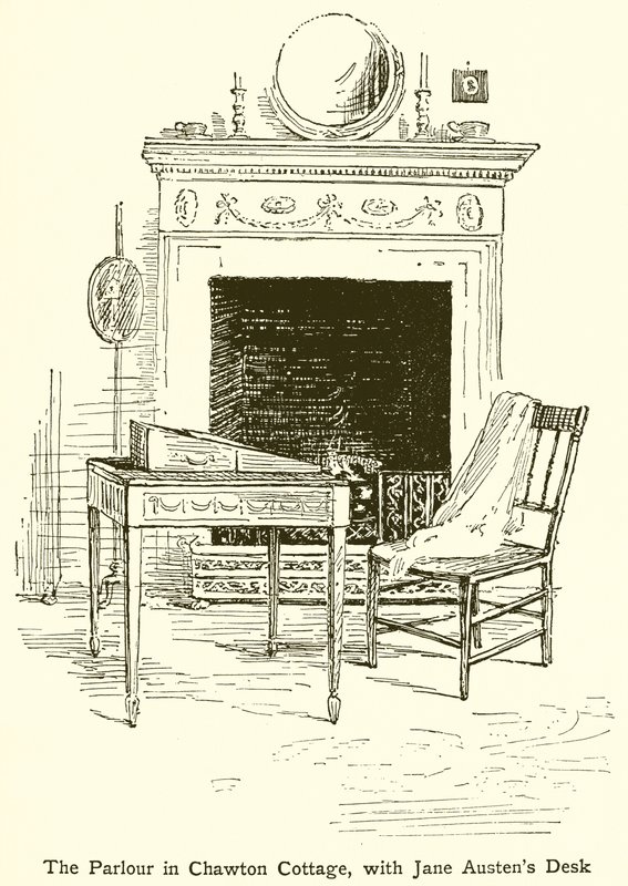 Das Wohnzimmer im Chawton Cottage mit Jane Austens Schreibtisch von English School
