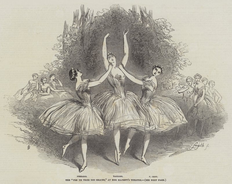Der "Pas de Trois des Graces" im Theater Ihrer Majestät (Stich) von English School