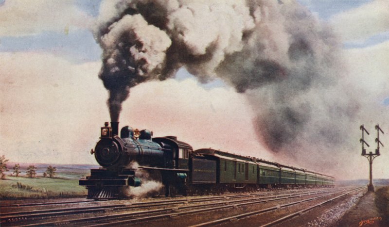 The Pennsylvania Limited bei voller Geschwindigkeit, Pennsylvania Railroad, USA von English School