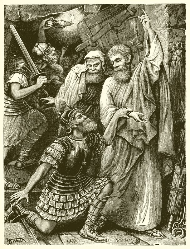 Der Gefängniswärter von Philippi vor Paulus und Silas von English School