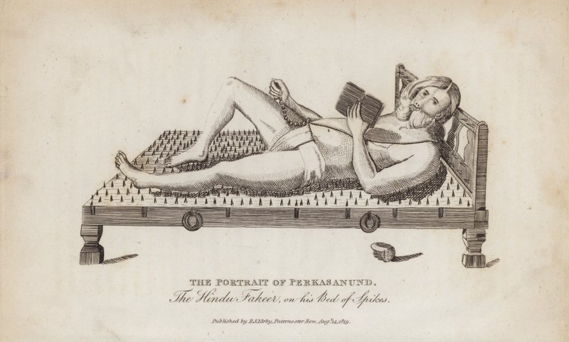 Das Porträt von Perkasanund, dem Hindu-Fakir, auf seinem Nagelbett (Gravur) von English School