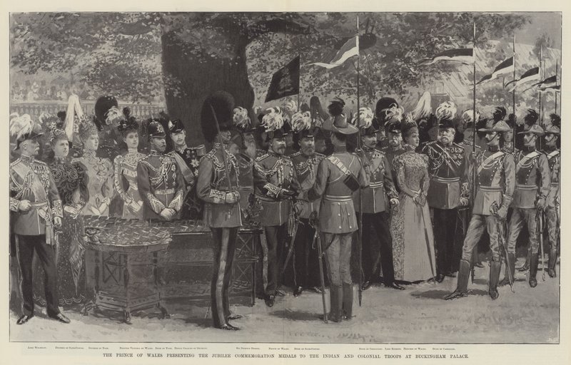 Der Prinz von Wales überreicht die Jubiläumsgedenkmedaillen an die indischen und kolonialen Truppen im Buckingham Palace von English School