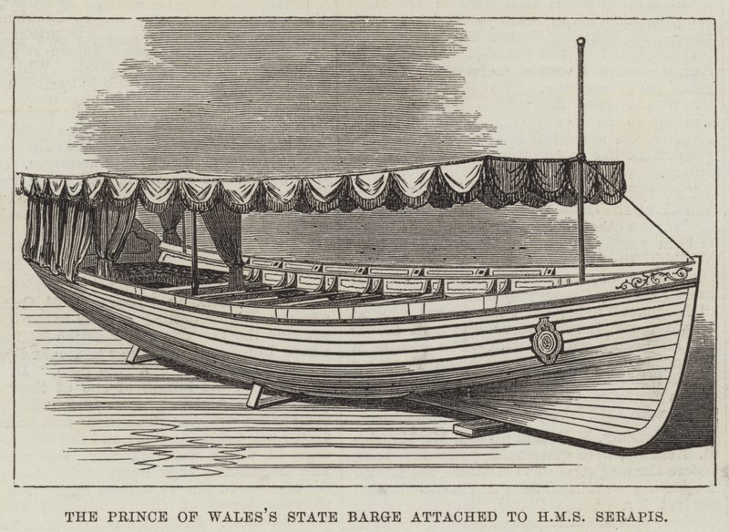 Die Staatsbarke des Prinzen von Wales, angehängt an die HMS Serapis (Stich) von English School