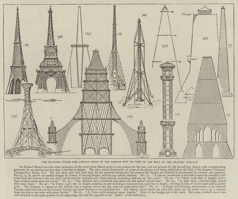 Der vorgeschlagene Turm für London, einige der Entwürfe, die jetzt in der Halle der Drapers