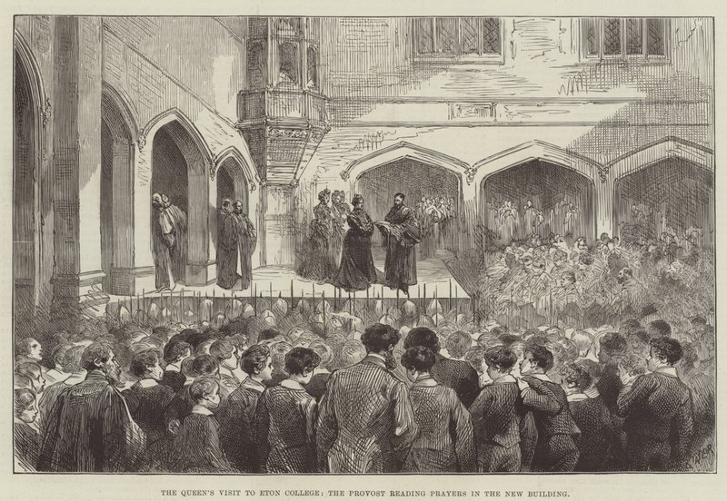 Der Besuch der Königin am Eton College, der Provost liest Gebete im neuen Gebäude (Gravur) von English School