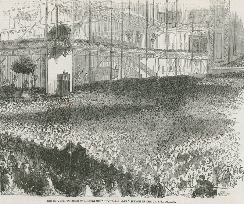 Der Reverend Charles Haddon Spurgeon predigt seine Demutstagspredigt im Crystal Palace von English School