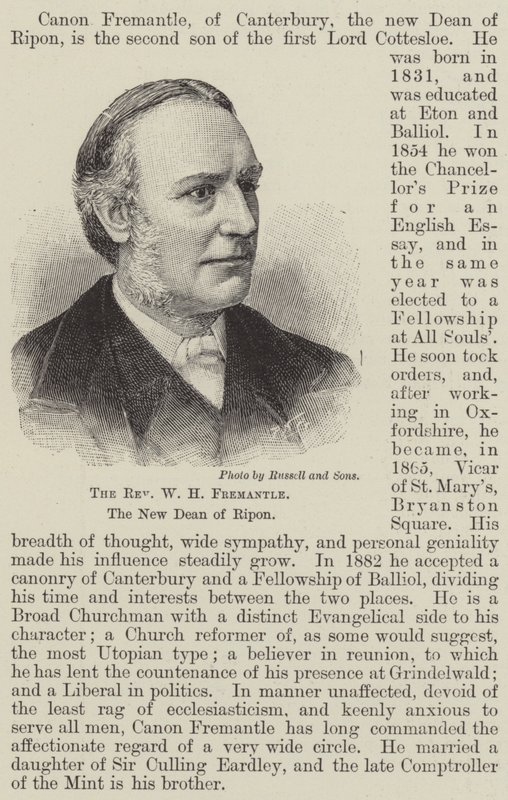 Der Reverend W. H. Fremantle, der neue Dekan von Ripon (Gravur) von English School