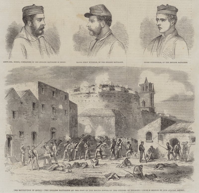 Die Revolution in Sizilien, das englische Bataillon am Fuße des Rundturms der Zitadelle von Melazzo (Stich) von English School