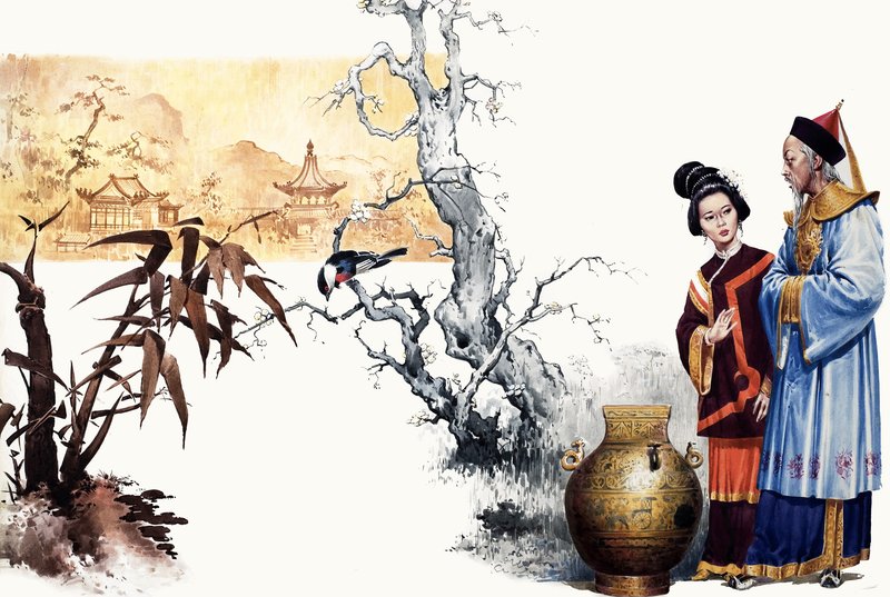 Das Rätsel. Chinesischer Hofmagier verwandelt einen Prinzen in eine Vase. von English School