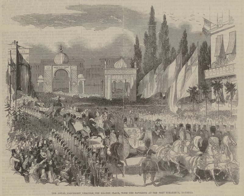 Die königliche Prozession durch die Grande Place, mit den Pavillons am Port Scharbeck, Brüssel von English School