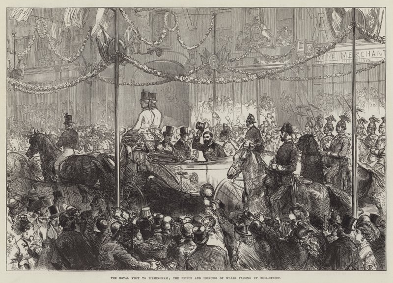 Der königliche Besuch in Birmingham, der Prinz und die Prinzessin von Wales passieren die Bull-Street (Gravur) von English School