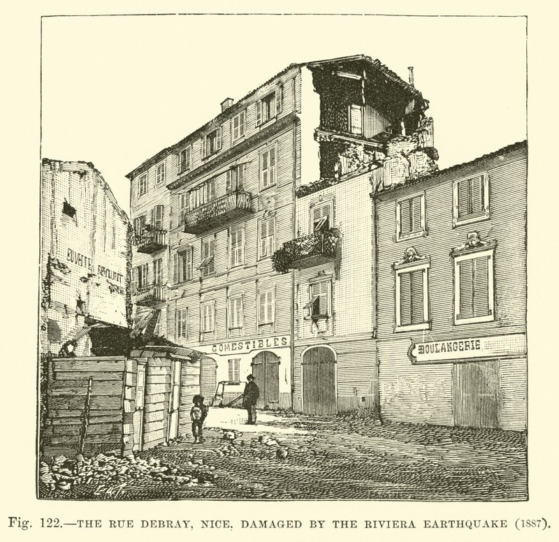 Die Rue Debray, Nizza, beschädigt durch das Riviera-Erdbeben 1887 von English School