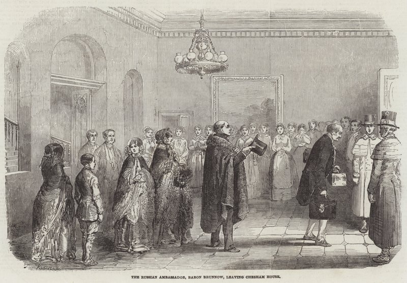 Der russische Botschafter, Baron Brunnow, verlässt das Chesham House (Stich) von English School