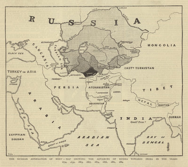 Die russische Annexion von Merv, Karte zeigt die Fortschritte Russlands in Richtung Indien in den Jahren 1734, 1836, 1863, 1867, 1874, 1876, 1881, 1884 von English School