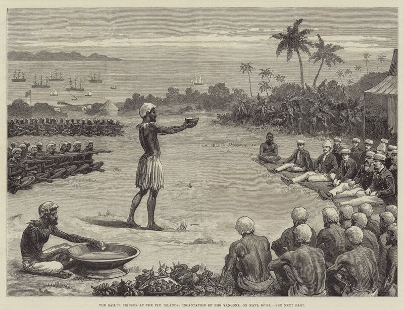 Die Seefahrerprinzen auf den Fidschi-Inseln, Beschwörung der Yangona oder Kava-Schale (Gravur) von English School