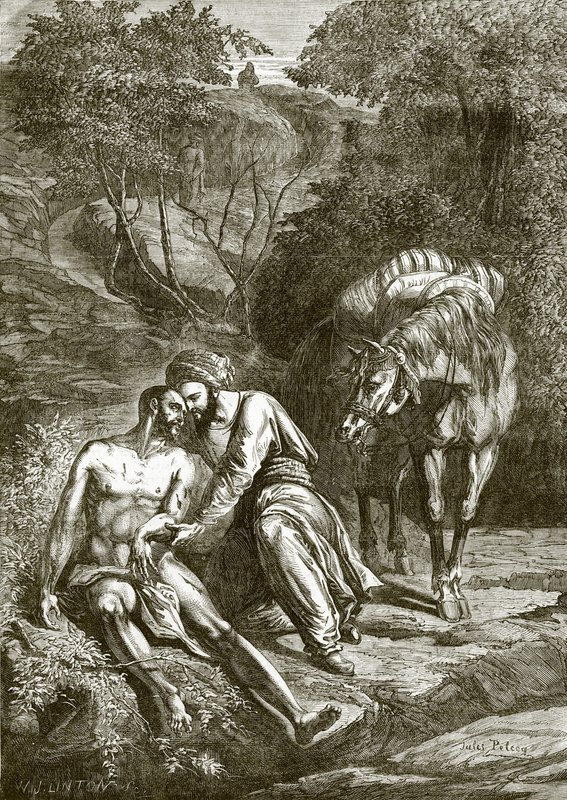 Der Samariter und der verwundete Mann am Straßenrand von English School