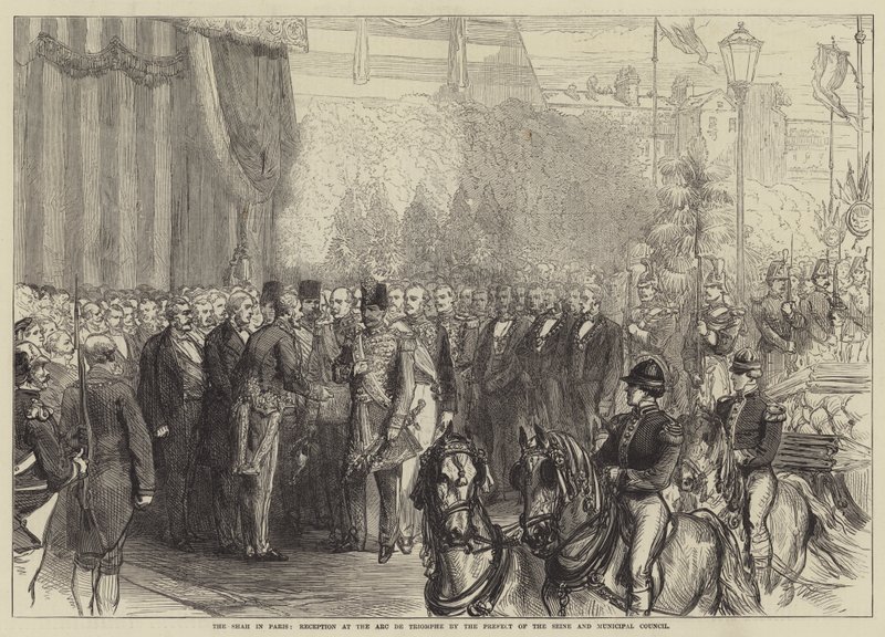 Der Schah in Paris, Empfang am Arc de Triomphe durch den Präfekten der Seine und den Stadtrat (Stich) von English School