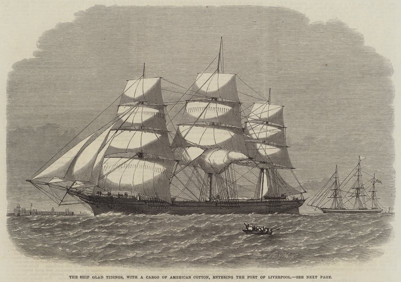 Das Schiff Glad Tidings, mit einer Ladung amerikanischer Baumwolle, läuft in den Hafen von Liverpool ein (Gravur) von English School