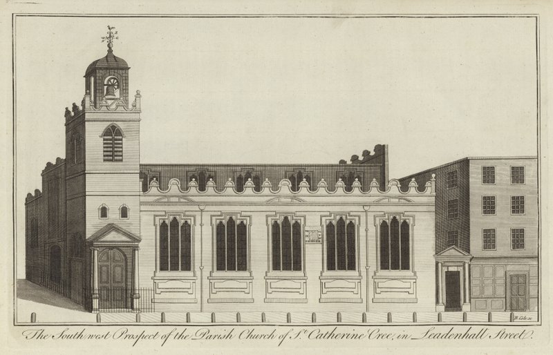 Die Südwestansicht der Pfarrkirche St. Catherine Cree in Leadenhall Street, London von English School
