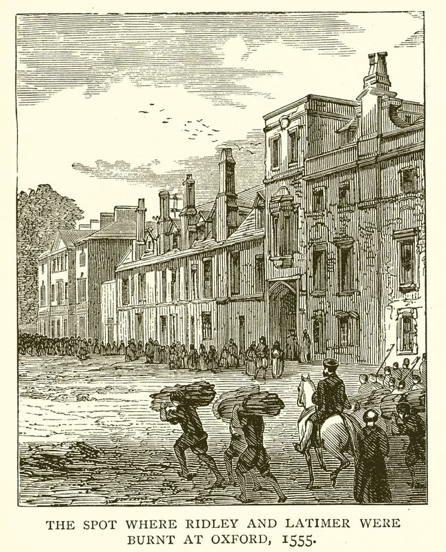 Der Ort, an dem Ridley und Latimer in Oxford verbrannt wurden, 1555 von English School