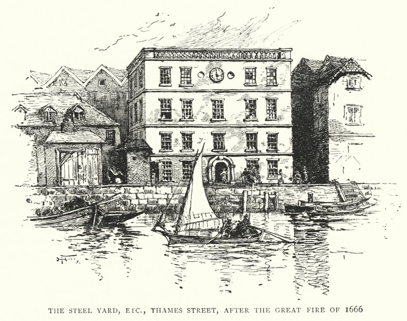 The Steel Yard, Thames Street, nach dem großen Brand von 1666 (Stich) von English School